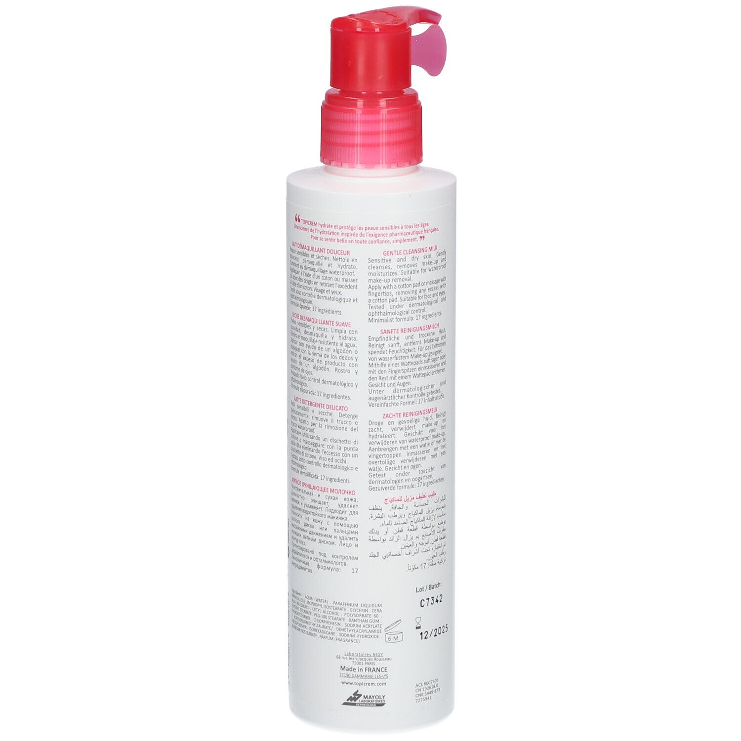 Flacon blanc avec pompe rose. Inscriptions TOPICREM, Lait Démaquillant Douceur, Gentle Cleansing Milk. Texte au dos.