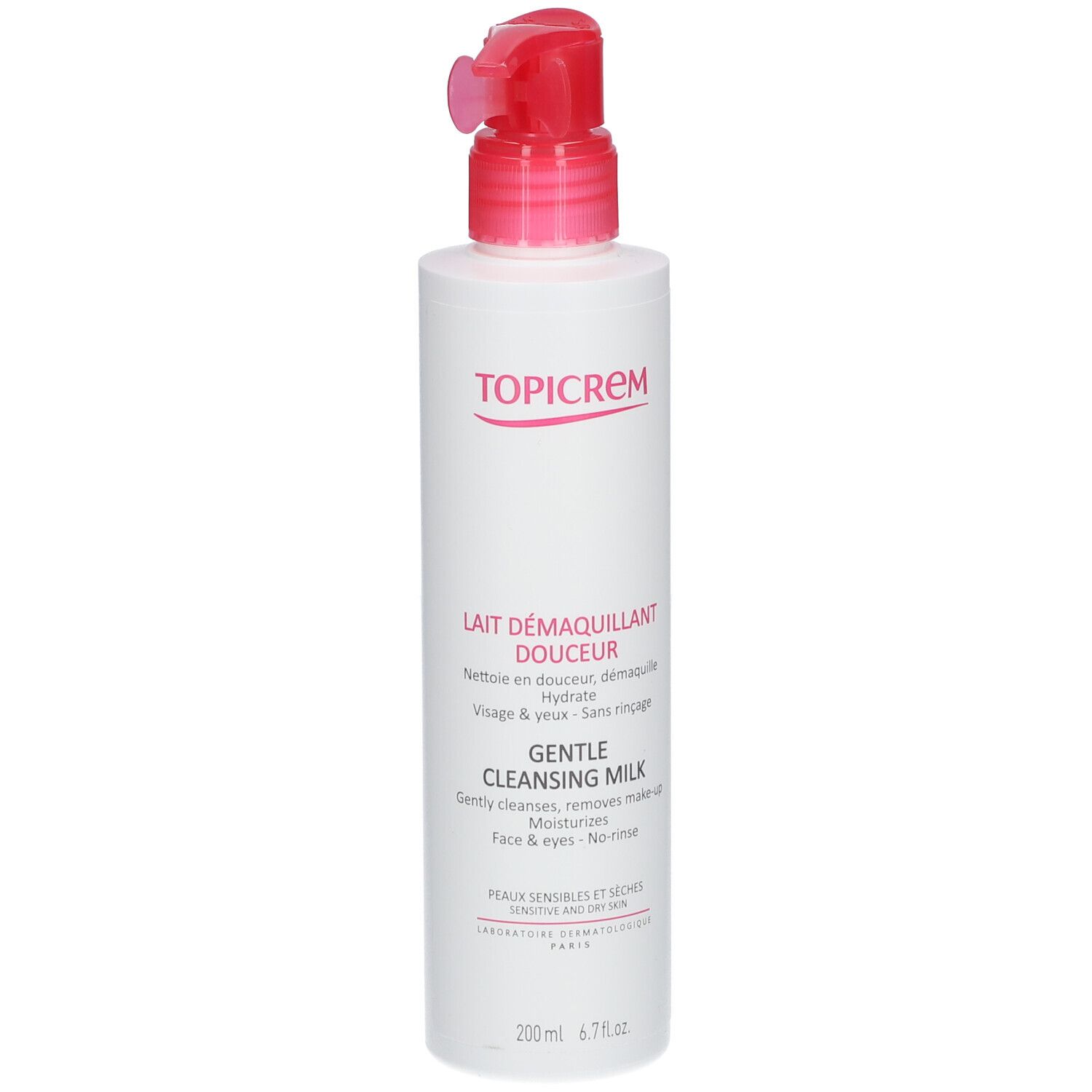 Flacon blanc avec pompe rose. Inscriptions TOPICREM, Lait Démaquillant Douceur, Gentle Cleansing Milk. Pour peaux sensibles.