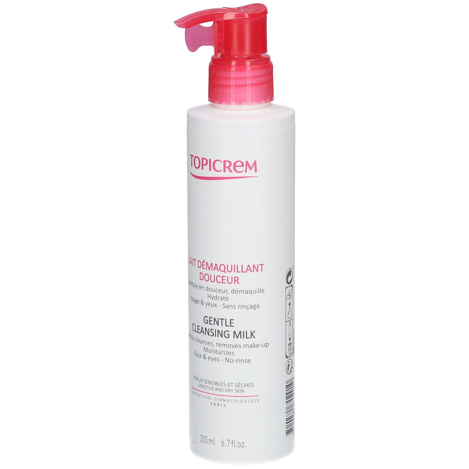 Flacon blanc avec pompe rose. Inscriptions TOPICREM, Lait Démaquillant Douceur, Gentle Cleansing Milk. Pour peaux sensibles.