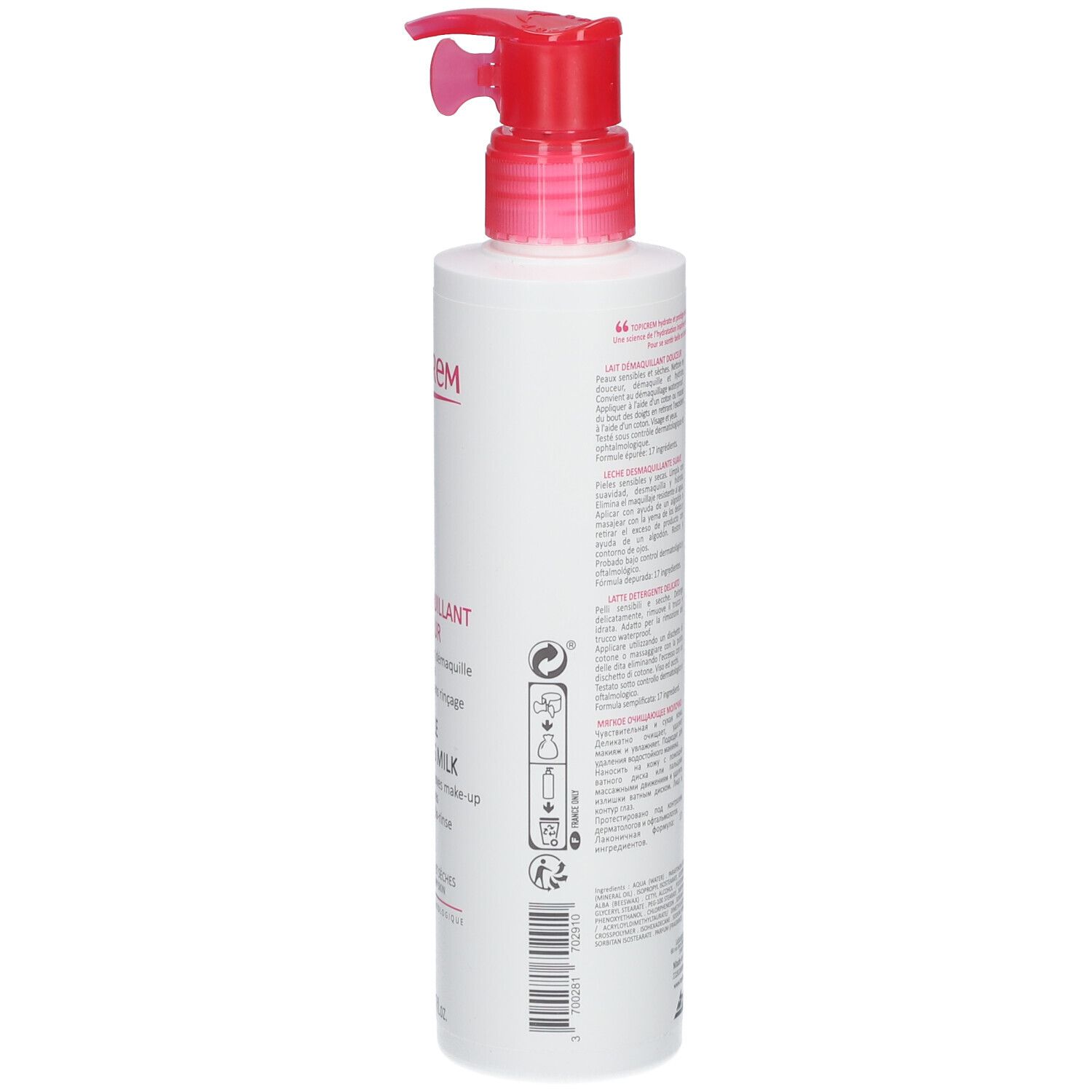 Flacon blanc avec pompe rose. Inscriptions TOPICREM, Lait Démaquillant Douceur, Gentle Cleansing Milk. Texte au dos.