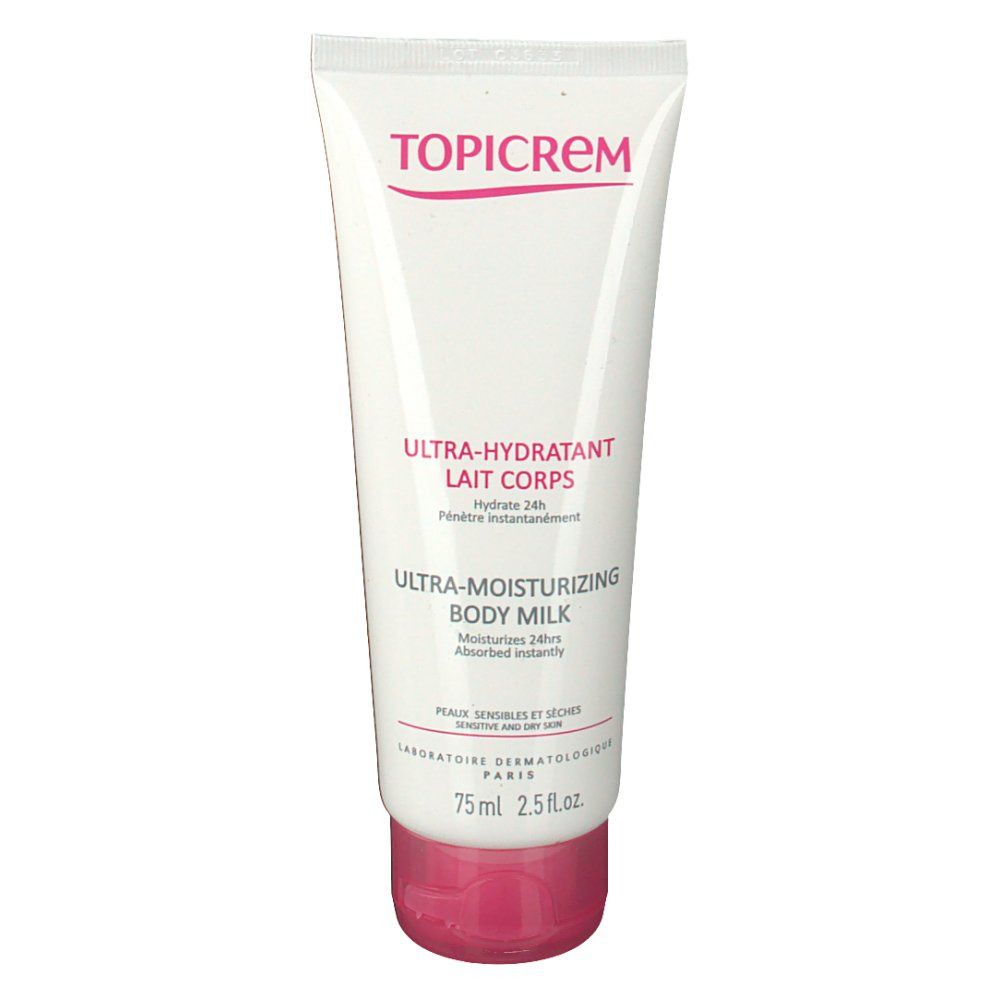 Tubo bianco-rosa. Testo: TOPICREM, Ultra-Hydratant Lait Corps, Ultra-Moisturizing Body Milk. 75ml.