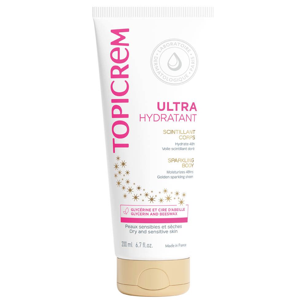 Weiße Tube mit rosa Schriftzug TOPICREM. Text: Ultra Hydratant Scintillant Corps, Sparkling Body. Goldfarbener Verschluss.