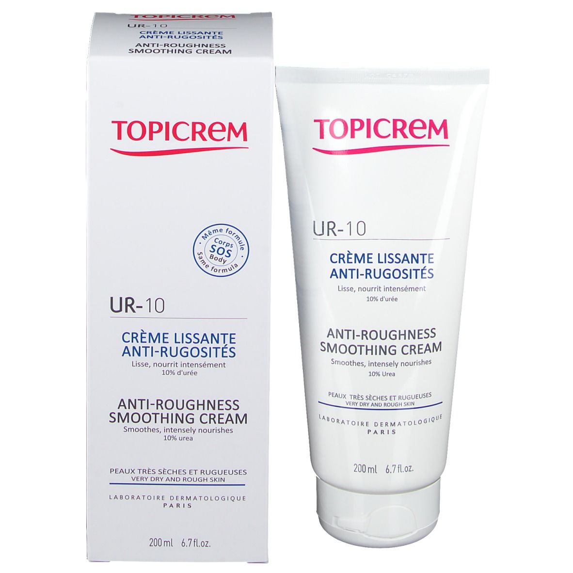 Topicrem UR-10 Creme und Verpackung. Weiße Tube und Schachtel. Text: Crème Lissante Anti-Rugosités, Anti-Roughness Smoothing Cream.