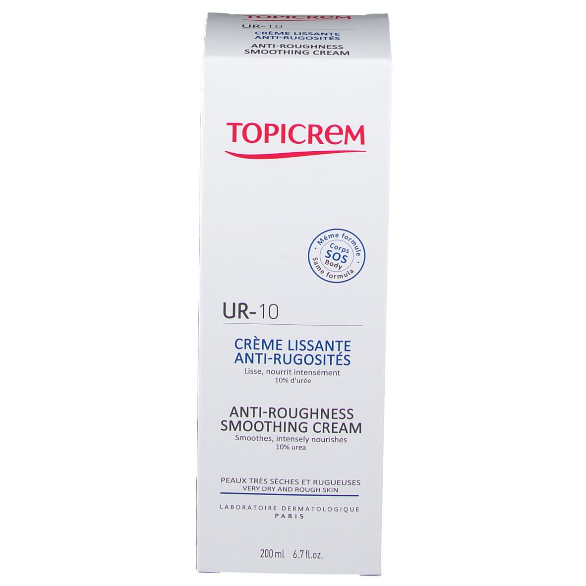 Topicrem UR-10 Verpackung. Weiße Schachtel mit roter Schrift. Text: Crème Lissante Anti-Rugosités, Anti-Roughness Smoothing Cream.