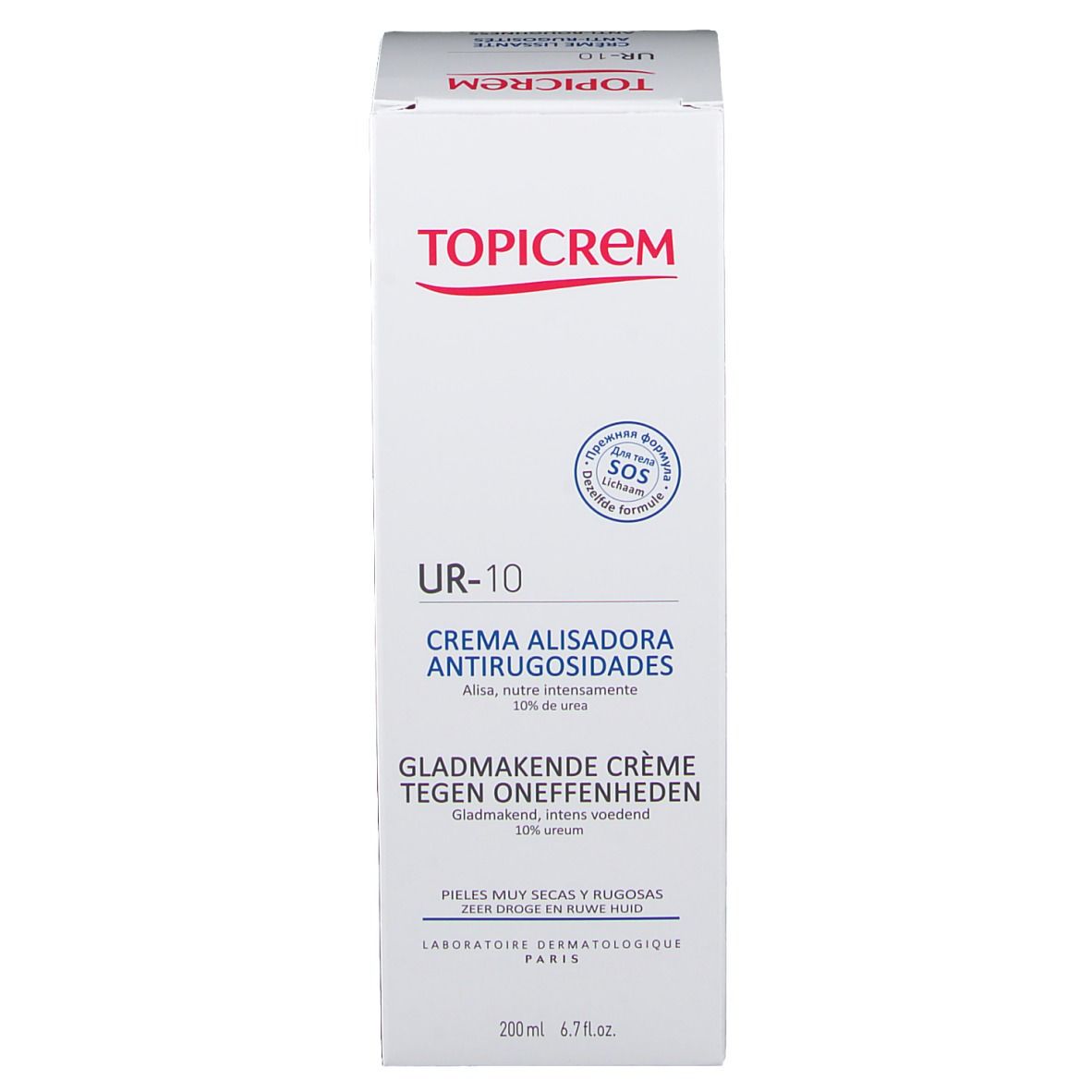 Topicrem UR-10 Verpackung. Weiße Schachtel mit roter Schrift. Text: Crema Alisadora Antirugosidades, Gladmakende Crème tegen Oneffenheden.