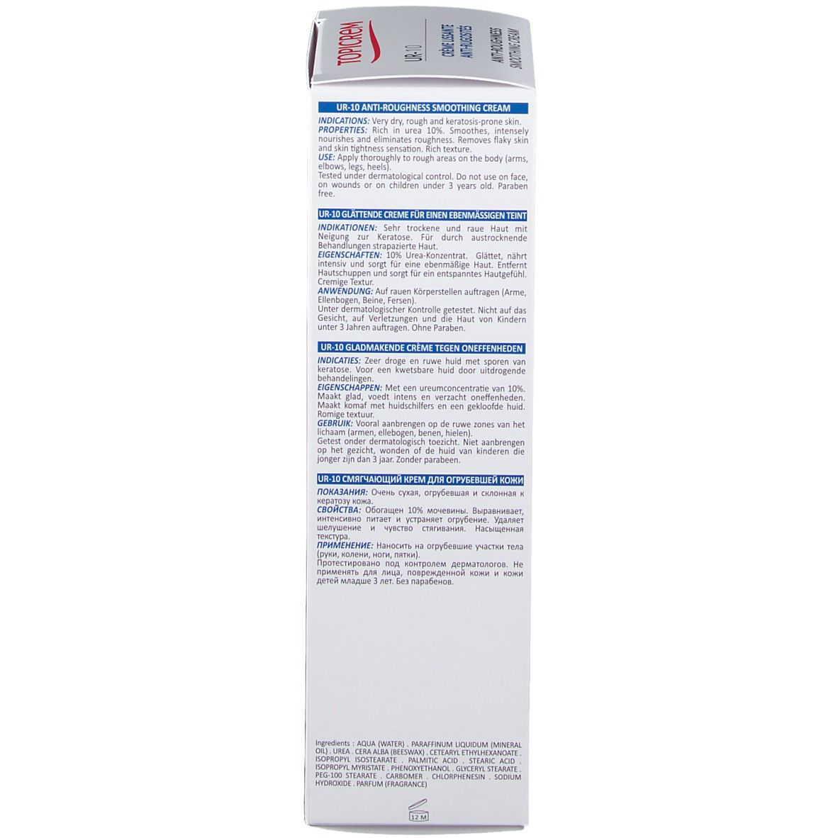 Rückseite der Topicrem UR-10 Verpackung. Text in mehreren Sprachen. Informationen zur Anwendung und Inhaltsstoffen. Weiße Schachtel.