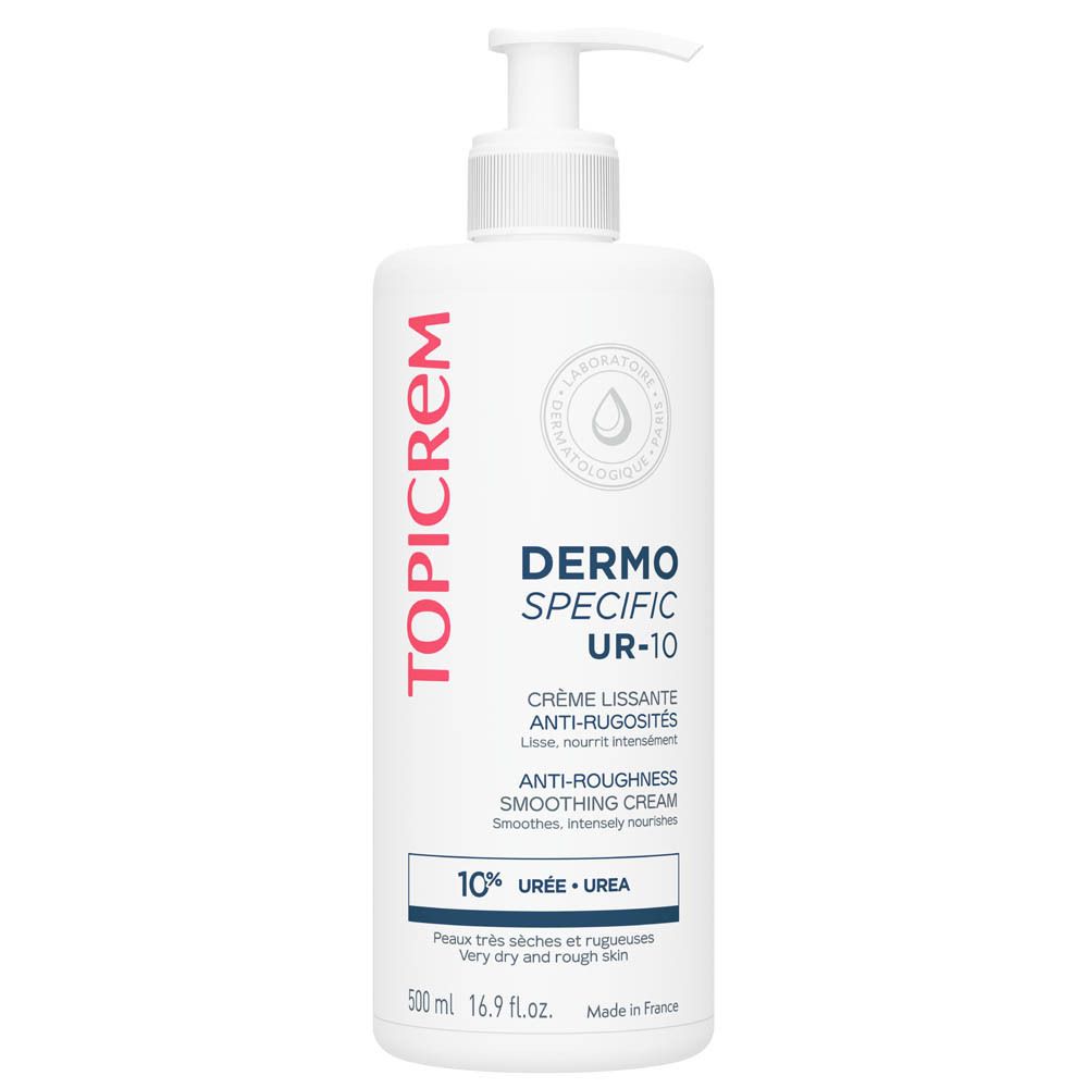 Weiße Flasche mit Pumpe. Aufschrift TOPICREM, Dermo-Specific UR-10, Creme. 500 ml. 10% Urea.