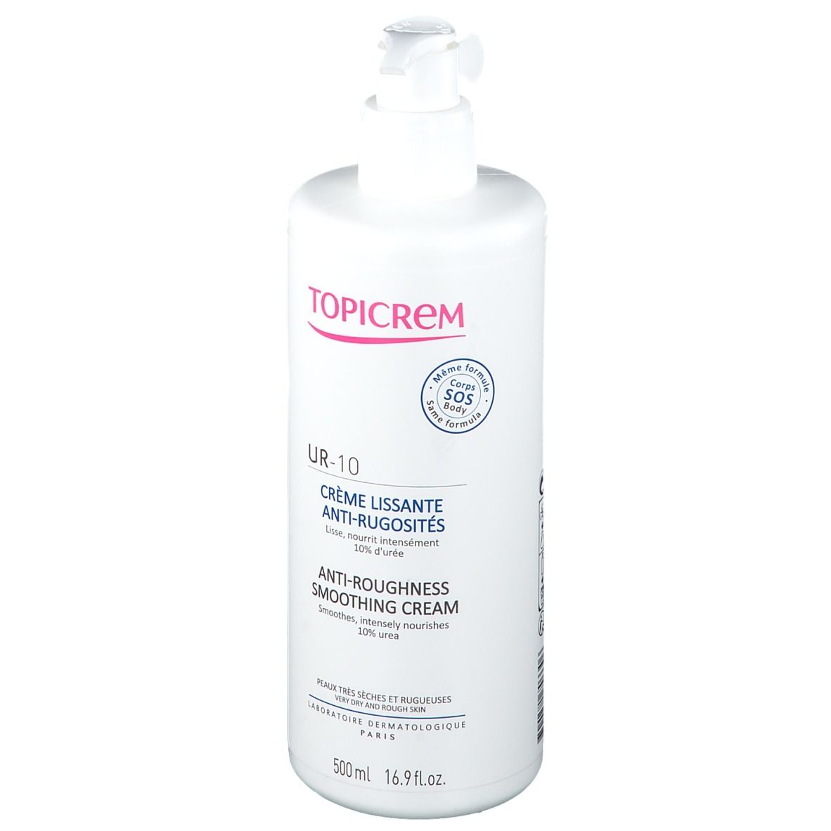 Flacon blanc avec pompe. Inscription TOPICREM, UR-10, Crème anti-rugosités. 50% d'urée. 500ml.