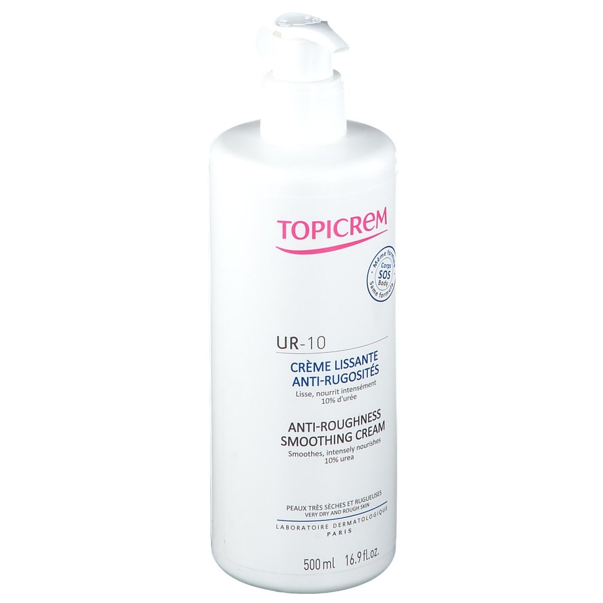 Flacon blanc avec pompe. Inscription TOPICREM, UR-10, Crème anti-rugosités. 50% d'urée. 500ml.