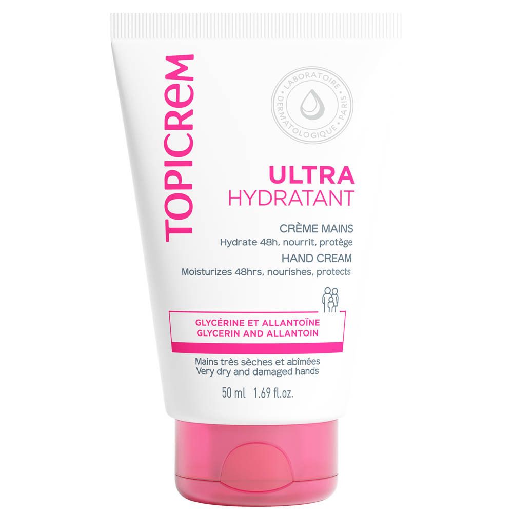 Weiße Tube mit rosa Verschluss. Aufschrift TOPICREM, ULTRA HYDRATANT CRÈME MAINS, HAND CREAM. Für sehr trockene und geschädigte Hände.