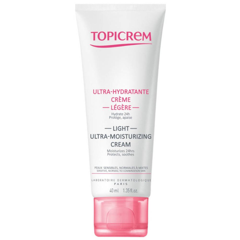 Tube blanc avec accents roses. Inscription TOPICREM, ULTRA-HYDRATANTE CRÈME LÉGÈRE. 40 ml.
