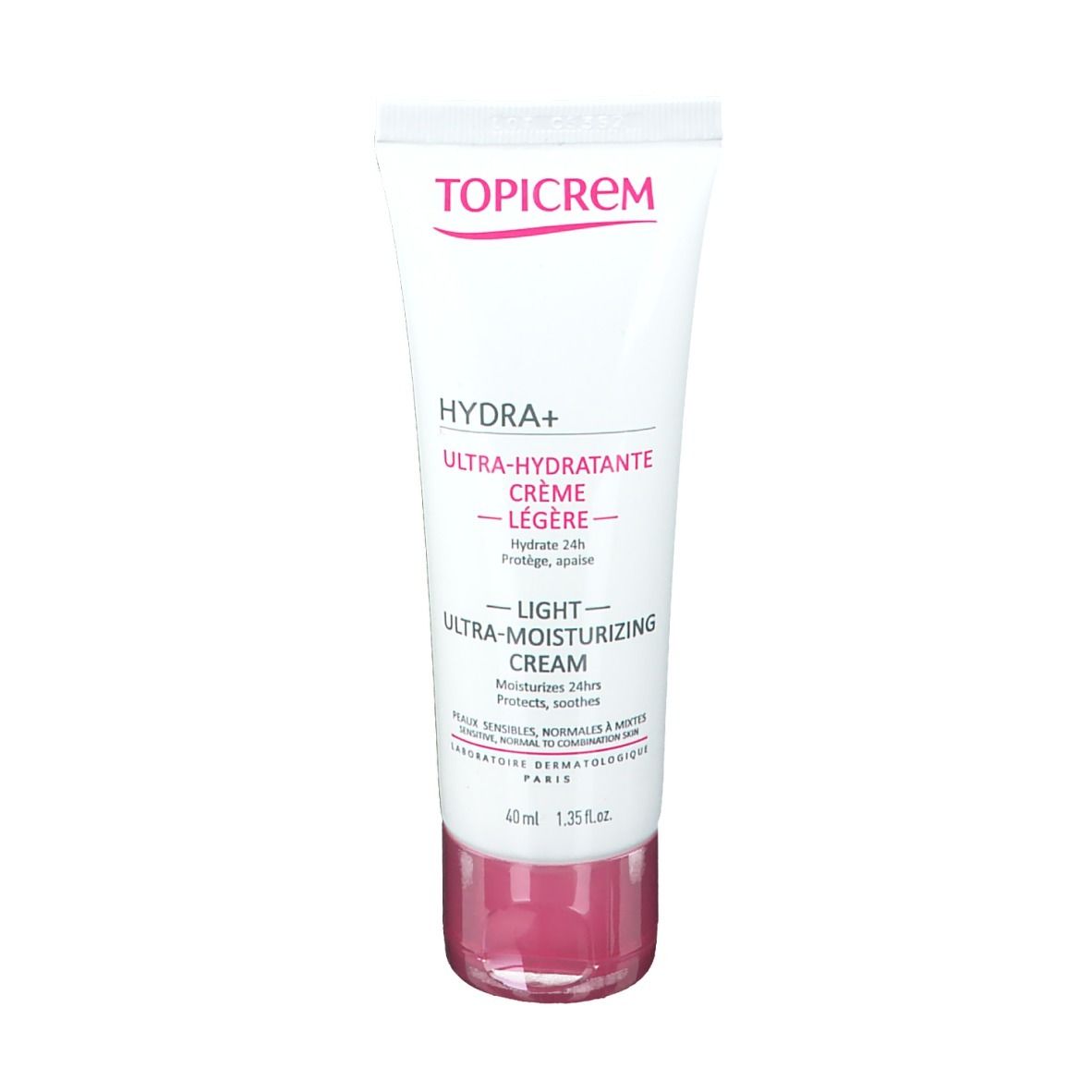 Tube blanc avec accents roses. Inscription TOPICREM, HYDRA+ ULTRA-HYDRATANTE CRÈME LÉGÈRE. 40 ml.