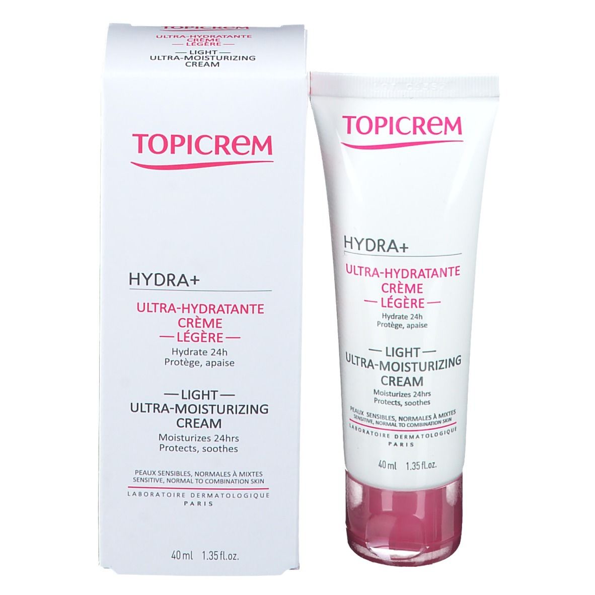Produit et emballage. Tube blanc et carton avec accents roses. Inscription TOPICREM, HYDRA+ ULTRA-HYDRATANTE.