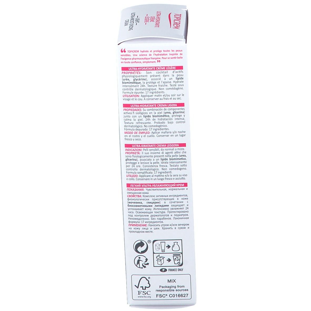 Boîte avec texte. Inscription TOPICREM, HYDRA+ ULTRA-HYDRATANTE CRÈME LÉGÈRE. Logo FSC. Texte multilingue.