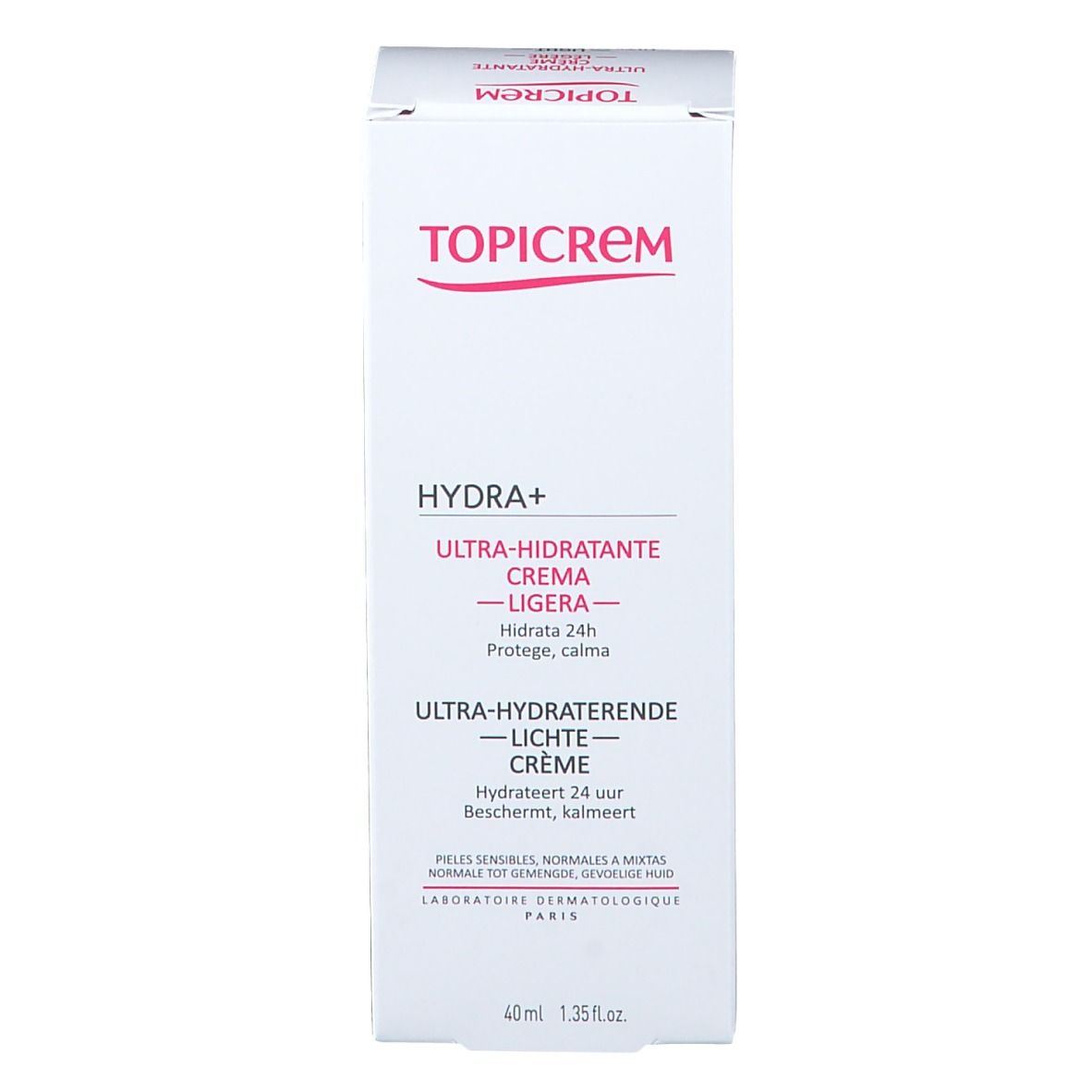 Boîte avec inscription TOPICREM, HYDRA+ ULTRA-HYDRATANTE CRÈME LÉGÈRE. 40 ml. Logo FSC.