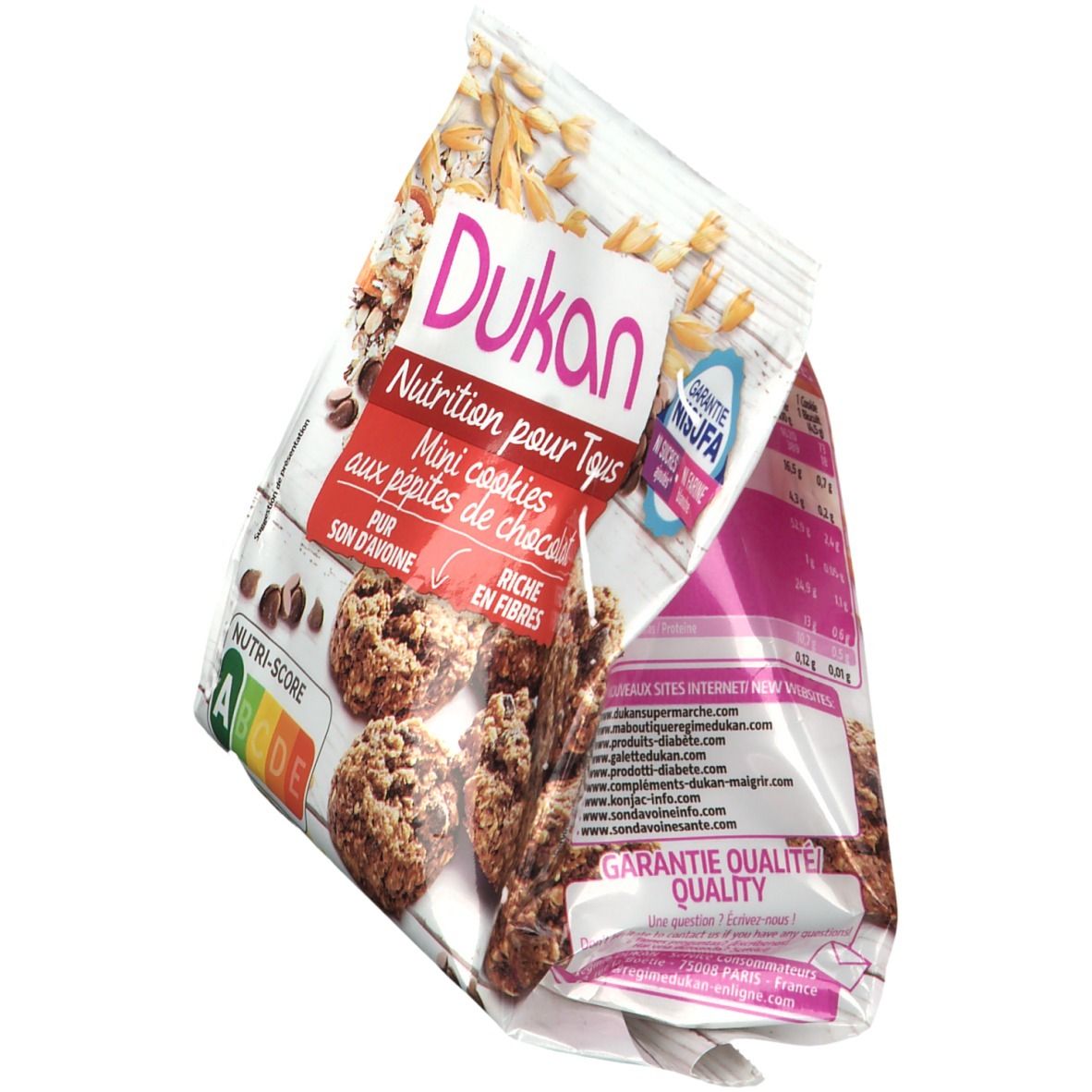 Paquet de Mini cookies Dukan en biais. Inscription: nom de la marque, logo, certification NISUFA.