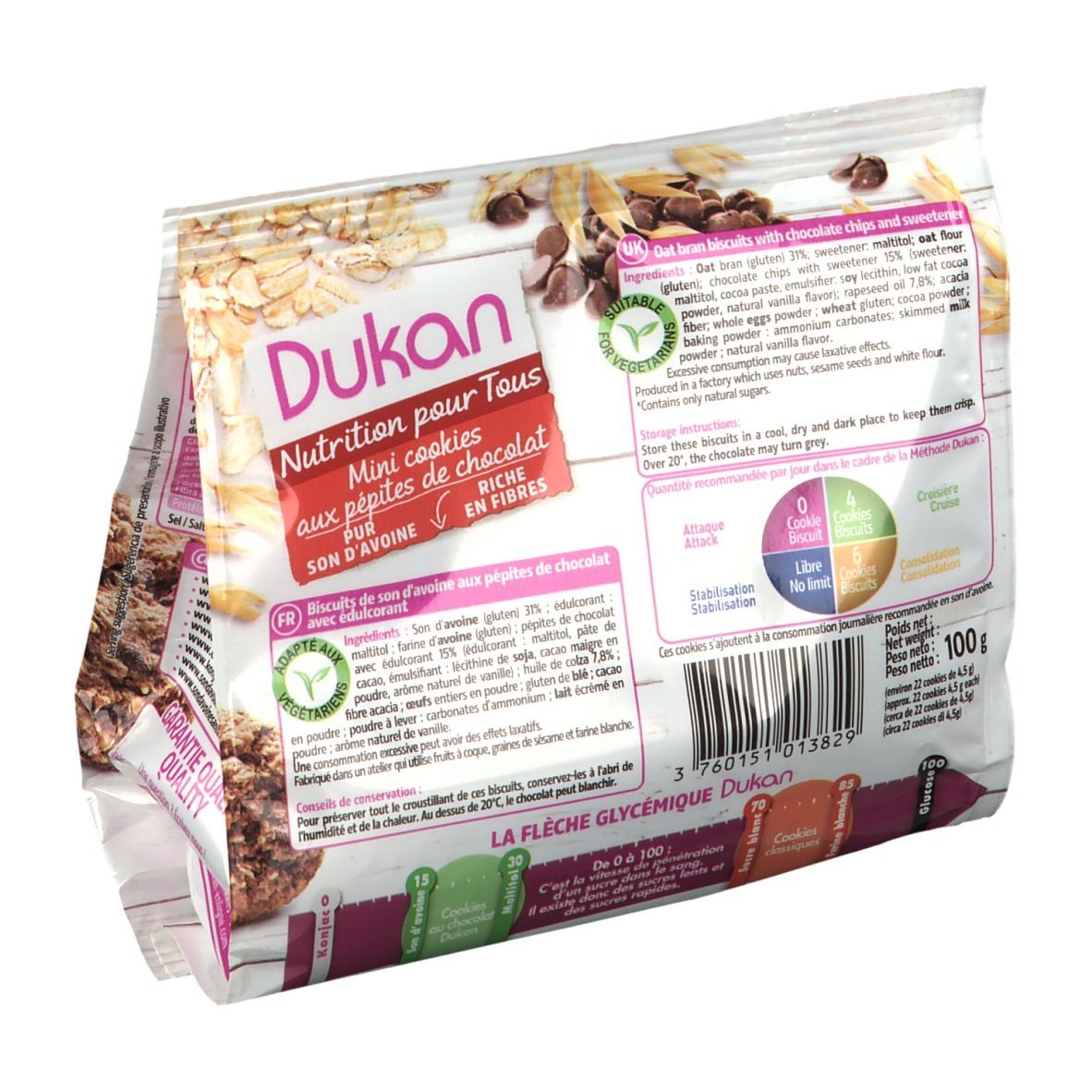 Dos du paquet de Mini cookies Dukan. Inscription: liste des ingrédients, informations nutritionnelles, logo, poids 100g.