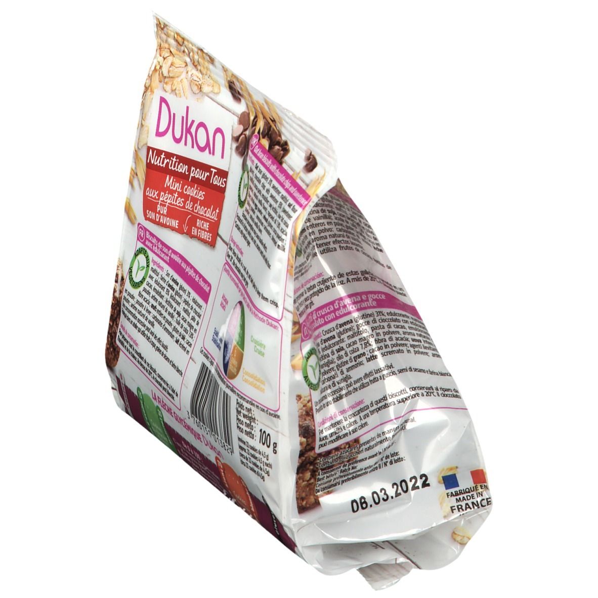 Paquet de Mini cookies Dukan en biais. Inscription: liste des ingrédients, poids 100g, origine.