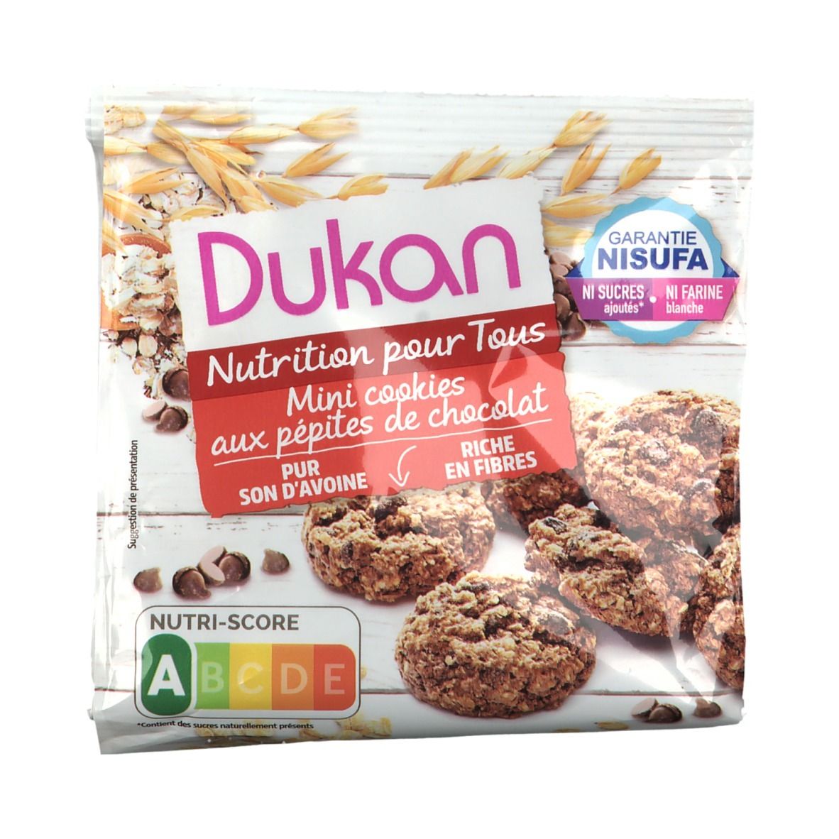 Paquet de Mini cookies Dukan. Inscription: nom de la marque, logo, Nutri-Score, certification NISUFA.