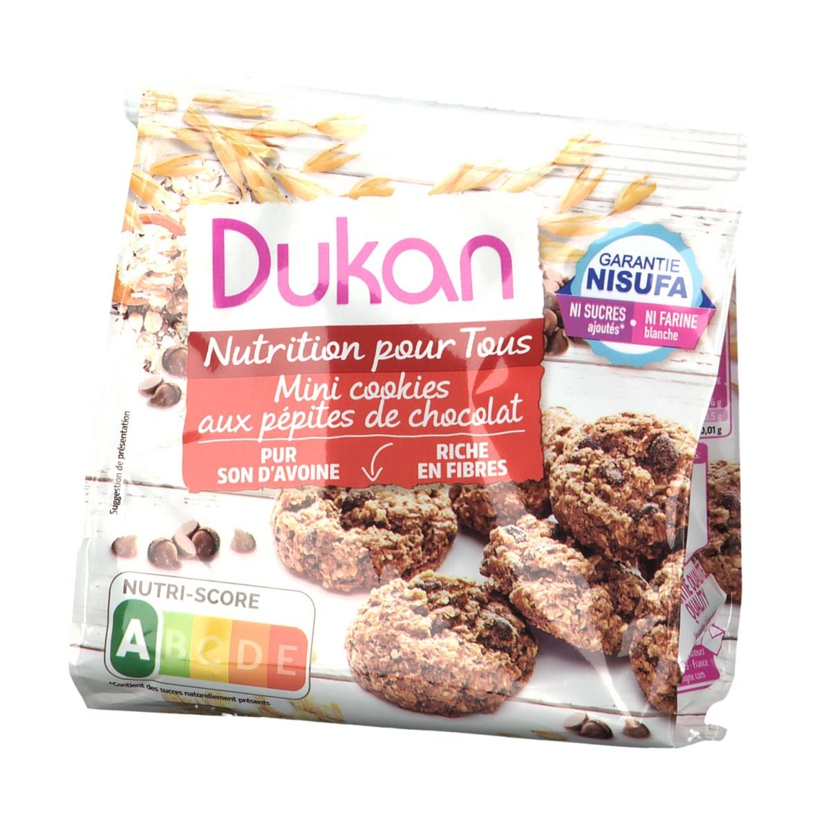 Paquet de Mini cookies Dukan. Inscription: nom de la marque, logo, Nutri-Score, certification NISUFA.