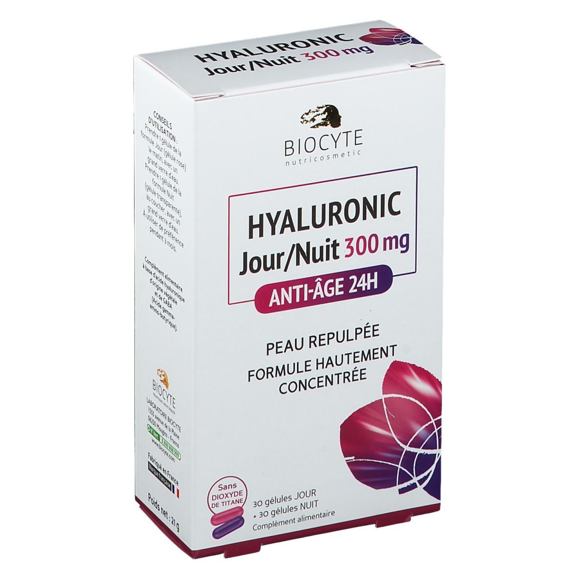 Boîte Biocyte Hyaluronic Jour/Nuit 300 mg. Texte et logo. Contient 30 gélules jour et 30 gélules nuit. Formule anti-âge.