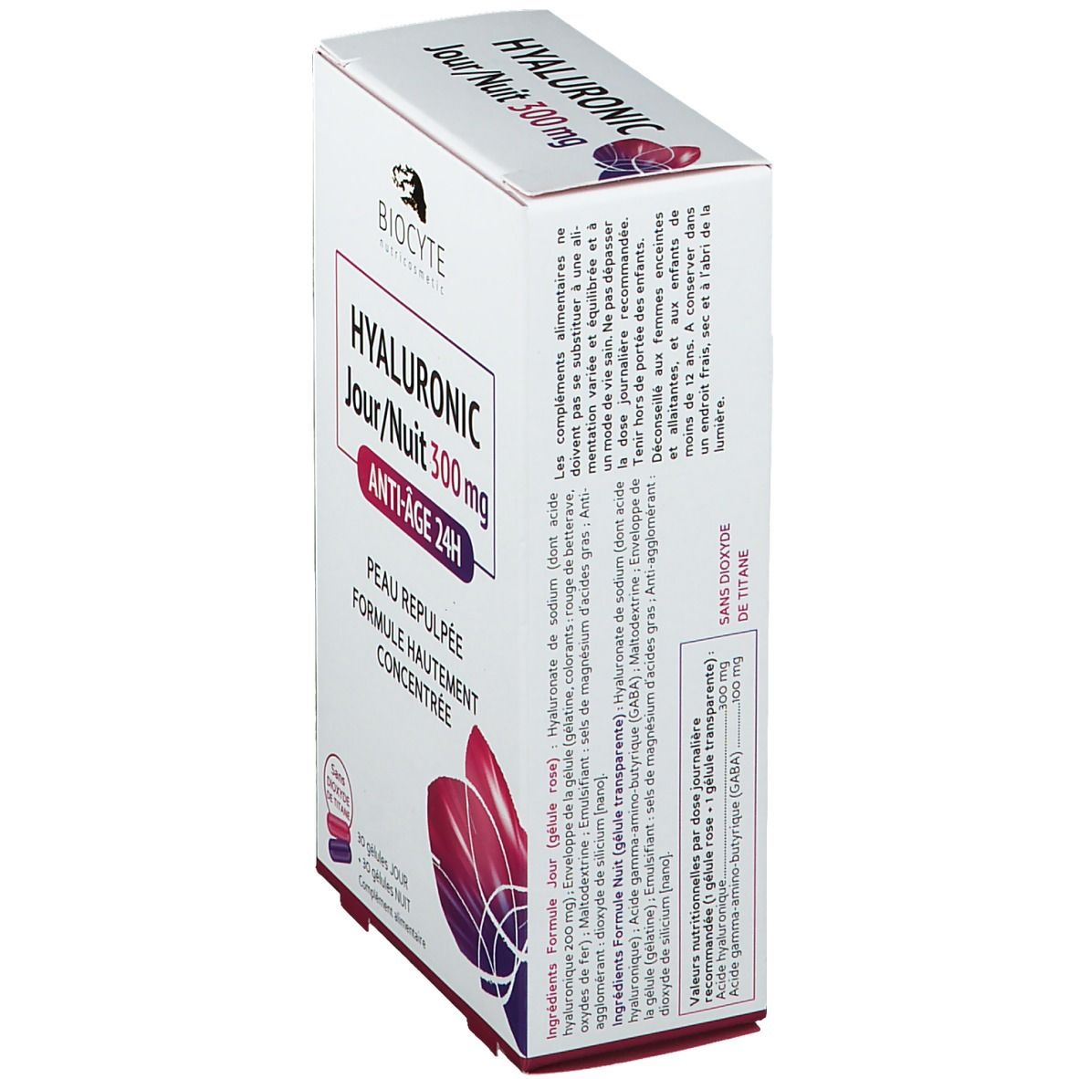 Boîte Biocyte Hyaluronic Jour/Nuit 300 mg. Ingrédients et informations. Contient 30 gélules jour et 30 nuit. Anti-âge.
