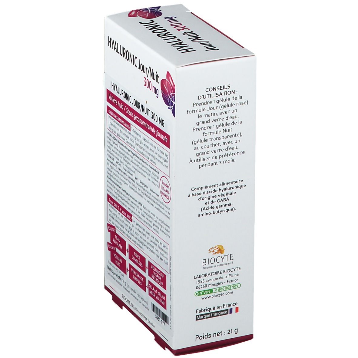 Boîte Biocyte Hyaluronic Jour/Nuit 300 mg. Instructions d'utilisation. Contient 30 gélules jour et nuit. Complément alimentaire.