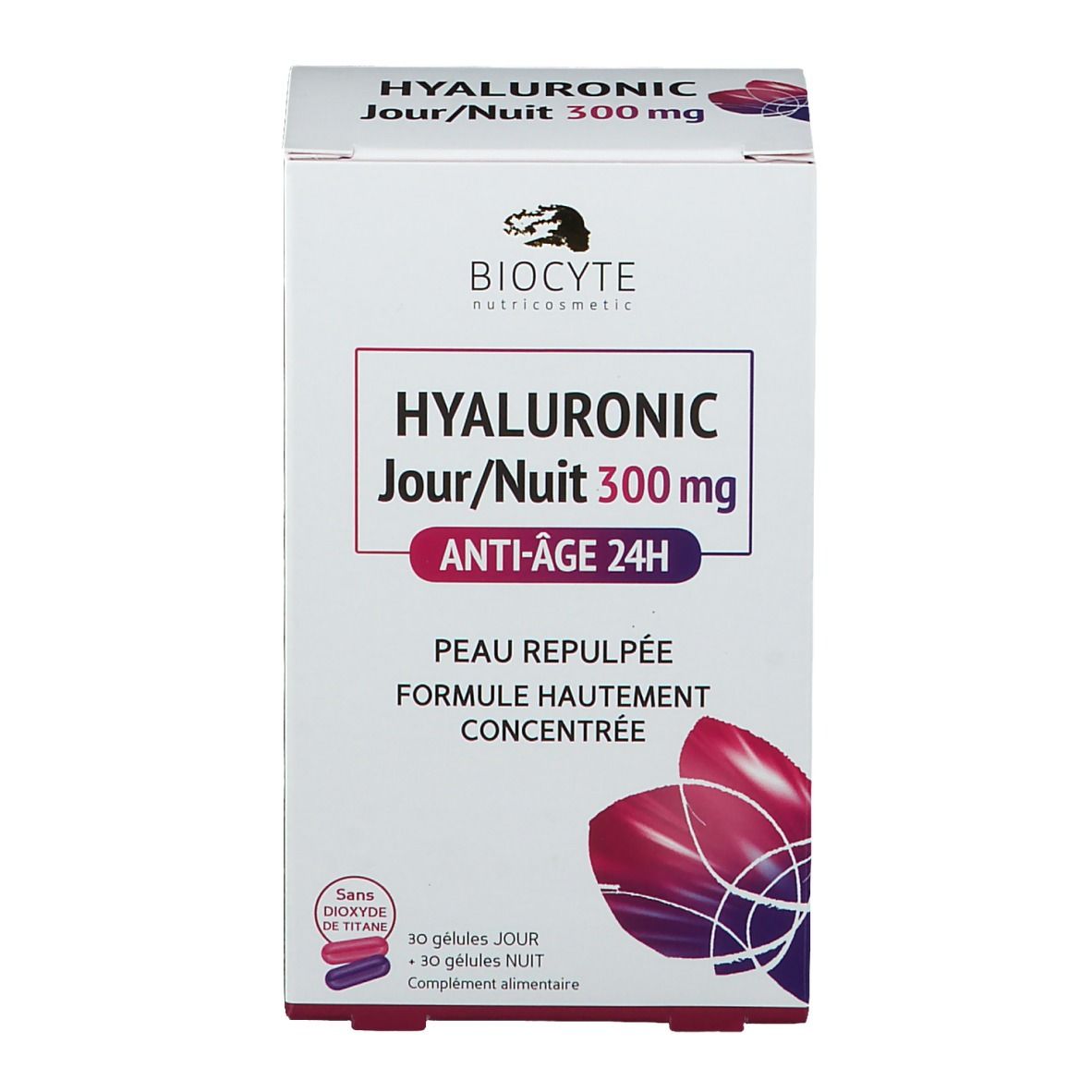 Boîte Biocyte Hyaluronic Jour/Nuit 300 mg. Texte et logo. Contient 30 gélules jour et 30 nuit. Formule anti-âge.