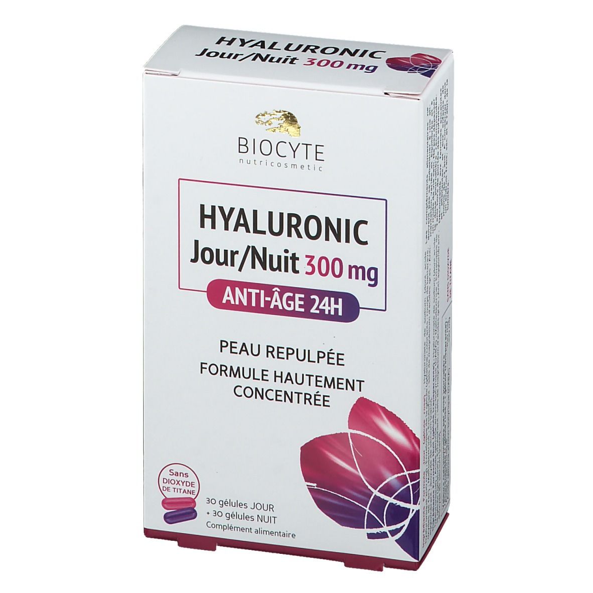 Boîte Biocyte Hyaluronic Jour/Nuit 300 mg. Texte et logo. Contient 30 gélules jour et 30 nuit. Formule anti-âge.