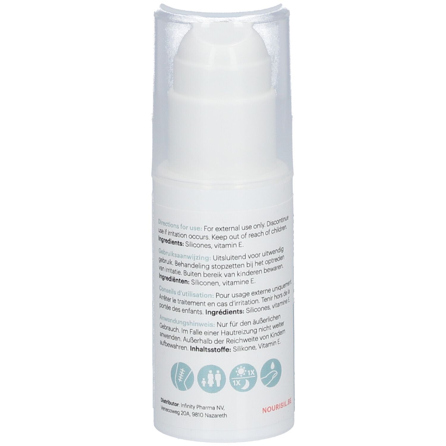 Rückseite der weißen Flasche. Text in mehreren Sprachen. Inhaltsstoffe: Silikone, Vitamin E. Verschiedene Symbole.