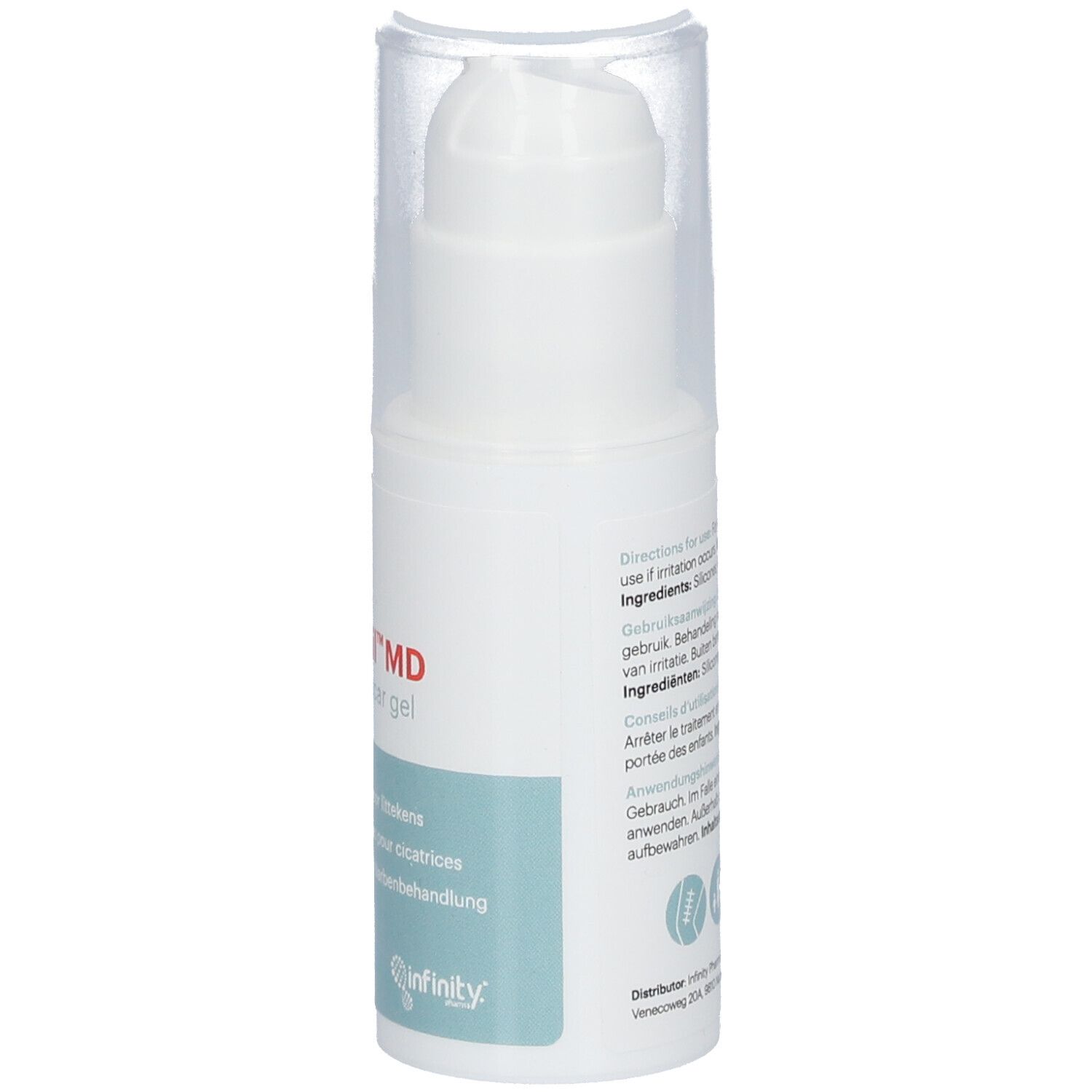 Weiße Flasche mit Pumpkopf und durchsichtiger Kappe. Aufschrift: Nourisil™ MD Silicone scar gel. Infinity-Logo.