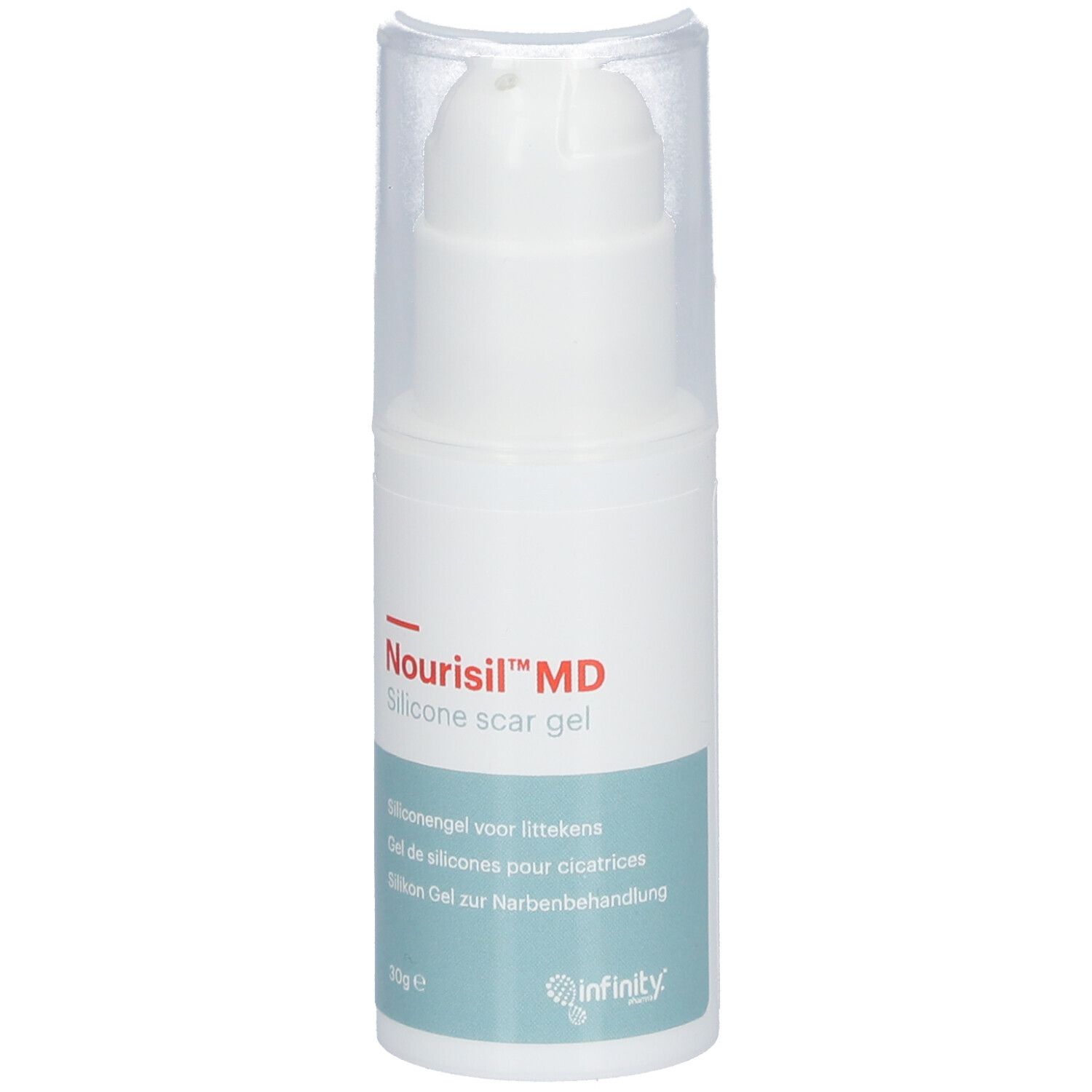 Weiße Flasche mit Pumpkopf und durchsichtiger Kappe. Aufschrift: Nourisil™ MD Silicone scar gel. 30g. Infinity-Logo.