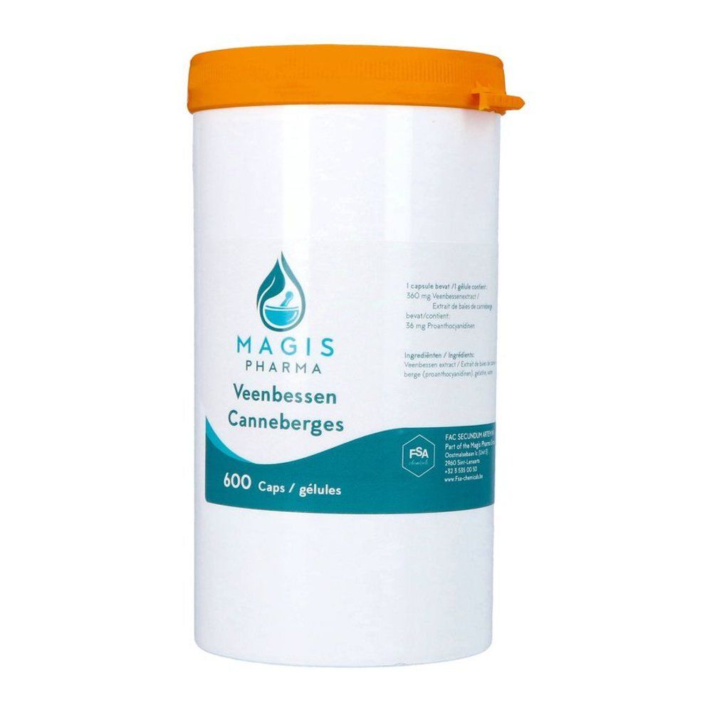 Récipient blanc avec couvercle orange. Inscription : MAGIS PHARMA, Veenbessen / Canneberges, 600 caps / gélules. Logo.