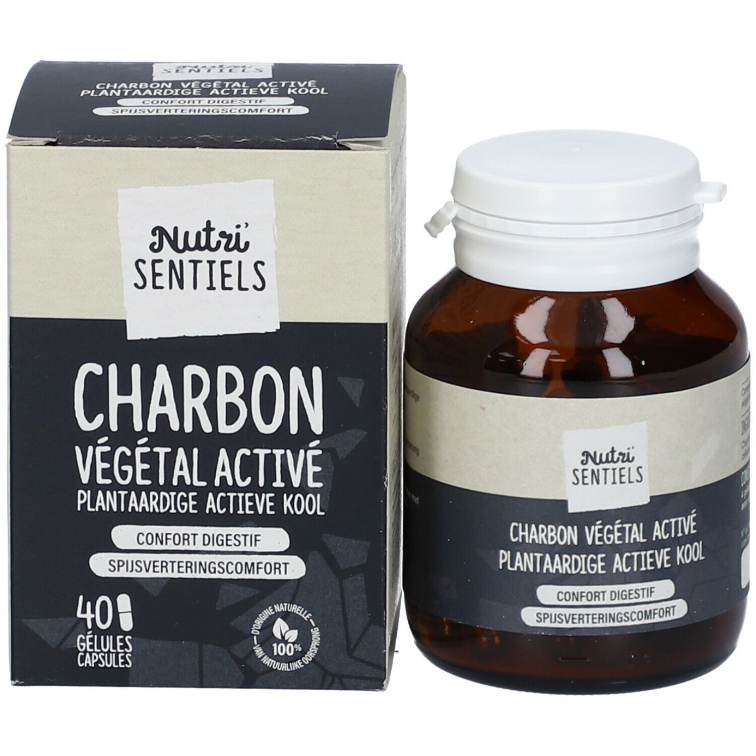 Emballage et flacon. Inscription: Charbon Végétal Activé. Marque: Nutri Sentiels. 40 gélules. Pour le confort digestif.