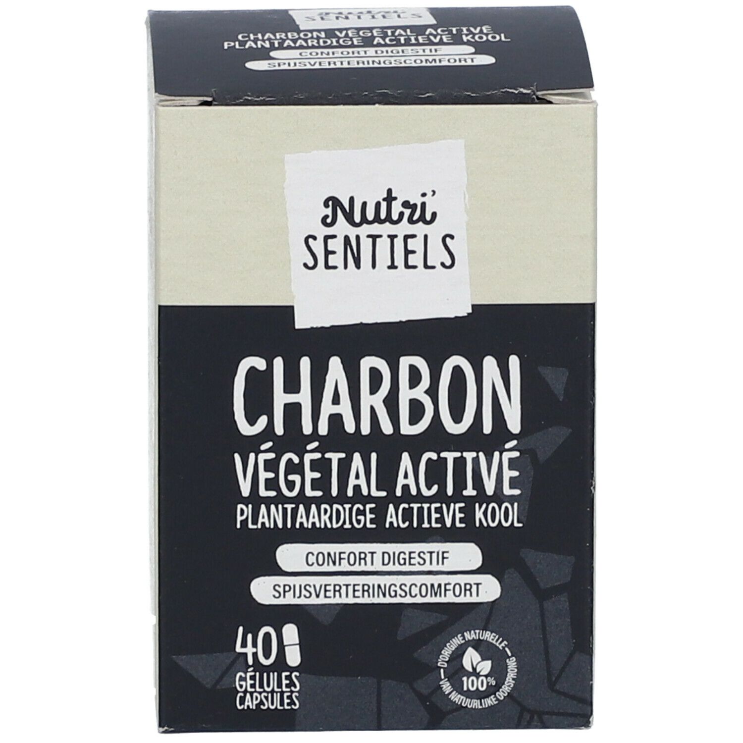 Emballage du produit. Inscription: Charbon Végétal Activé. Marque: Nutri Sentiels. 40 gélules. Pour le confort digestif.