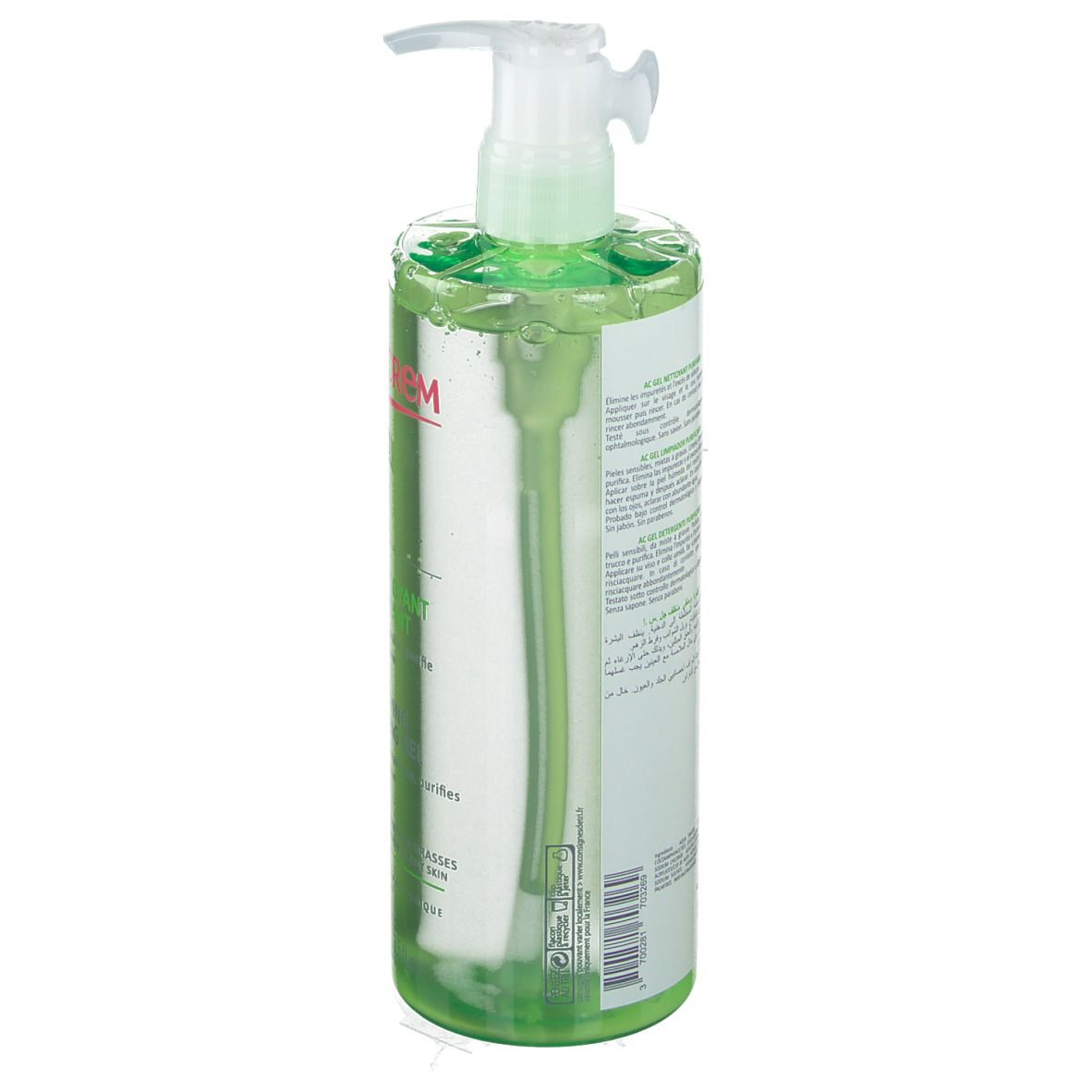 Flacon vert avec pompe. Dos avec texte et code-barres. Nom du produit non visible.