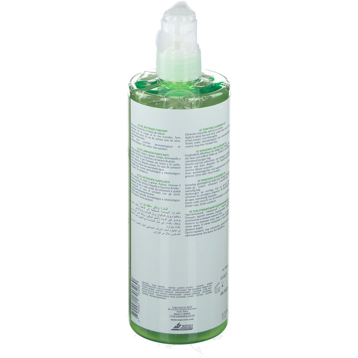 Flacon vert avec pompe. Dos avec texte. Nom du produit non visible.