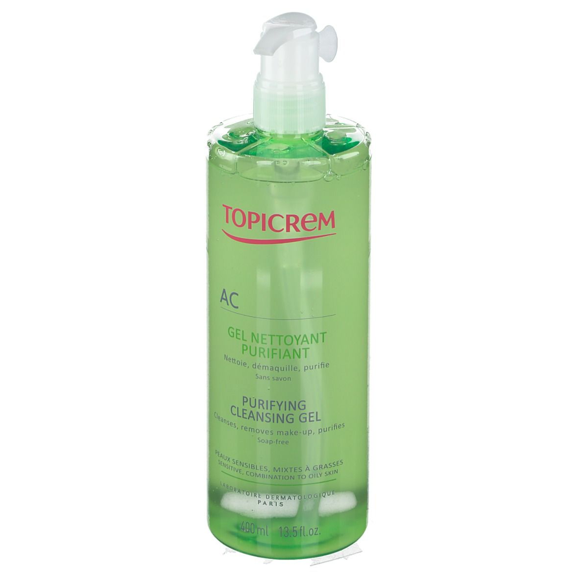 Flacon vert avec pompe. Inscription TOPICREM, AC, Gel Nettoyant Purifiant, Purifying Cleansing Gel. 400ml.