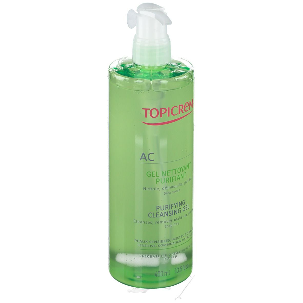 Flacon vert avec pompe. Inscription TOPICREM, AC, Gel Nettoyant Purifiant, Purifying Cleansing Gel. 400ml.