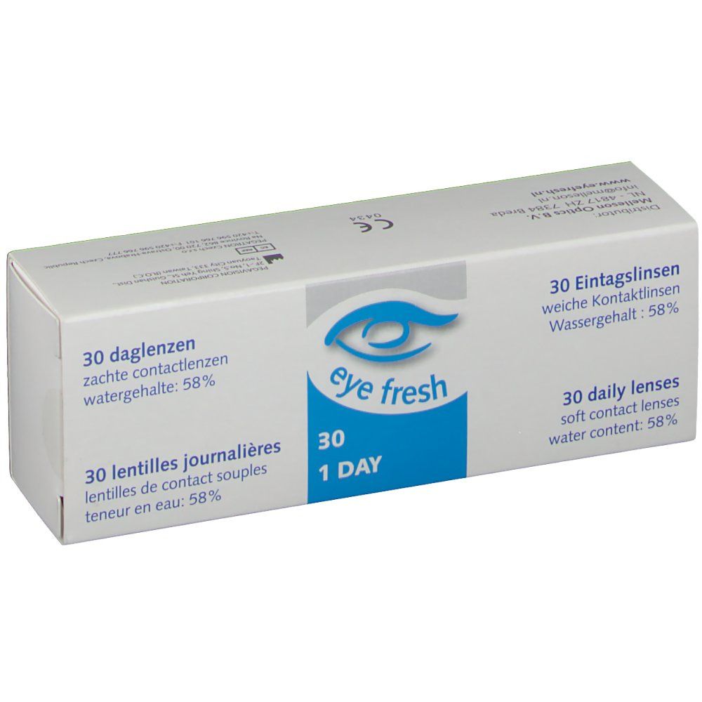Verpakking van EyeFresh 1 Day contactlenzen. Bevat 30 daglenzen. Watergehalte 58%.