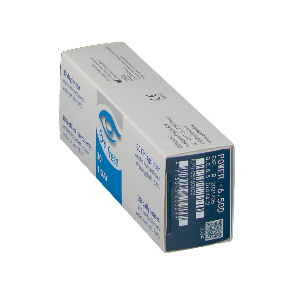 Doosje EyeFresh 1 Day contactlenzen. Opschrift: POWER -6,50D. Bevat 30 daglenzen.