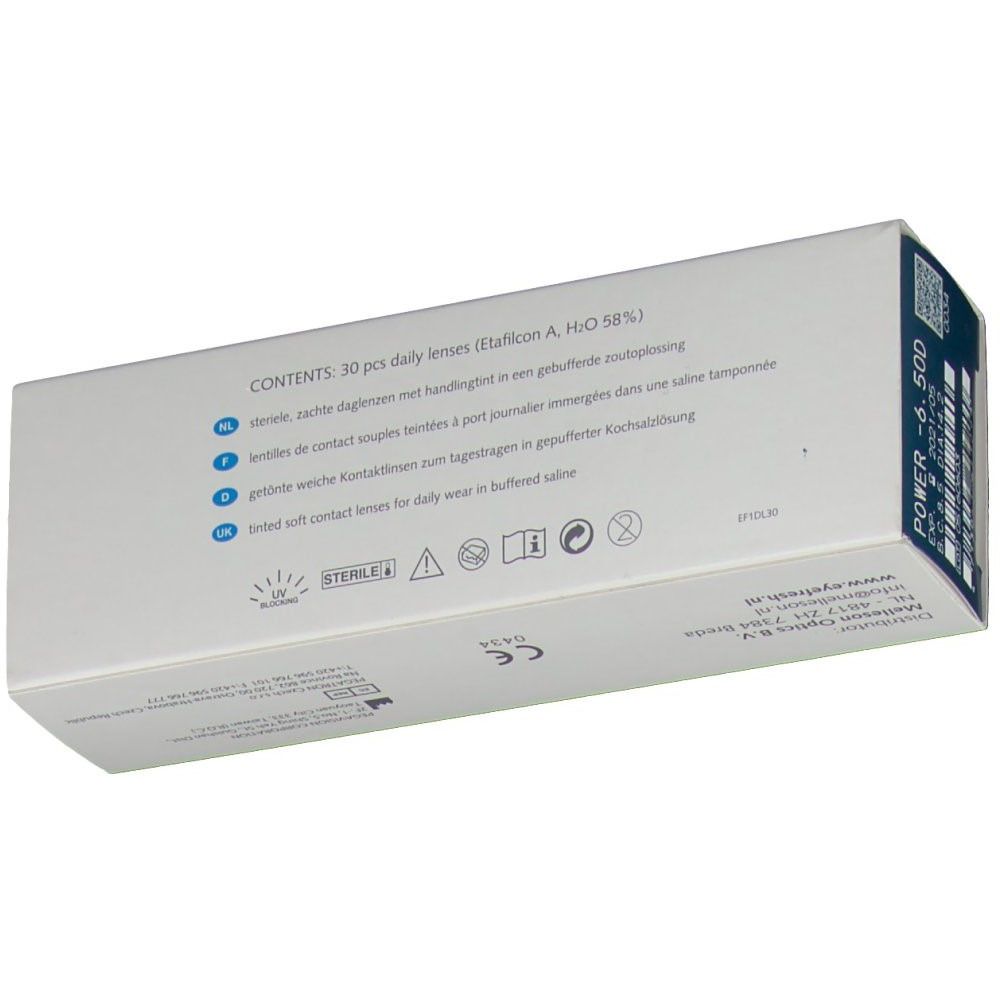 Achterkant van de EyeFresh 1 Day contactlenzenverpakking. Bevat 30 lenzen. Steriele verpakking.
