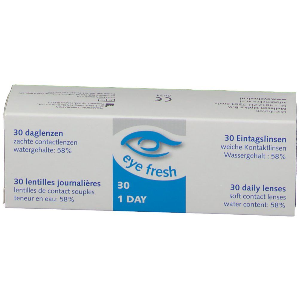 Verpakking van EyeFresh 1 Day contactlenzen. Bevat 30 daglenzen. Watergehalte 58%.