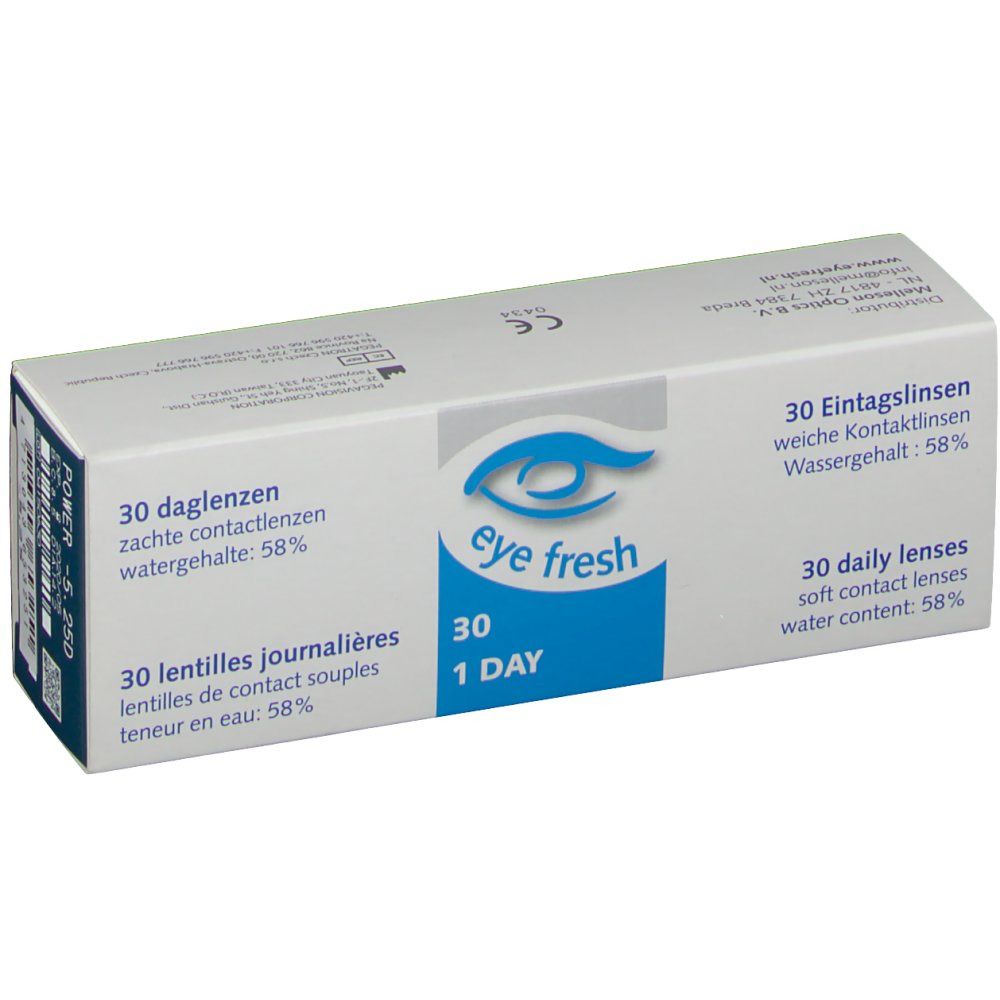 Verpakking met contactlenzen. Opschrift: Eye Fresh, 30 1 Day. Bevat 30 daglenzen, watergehalte 58%.