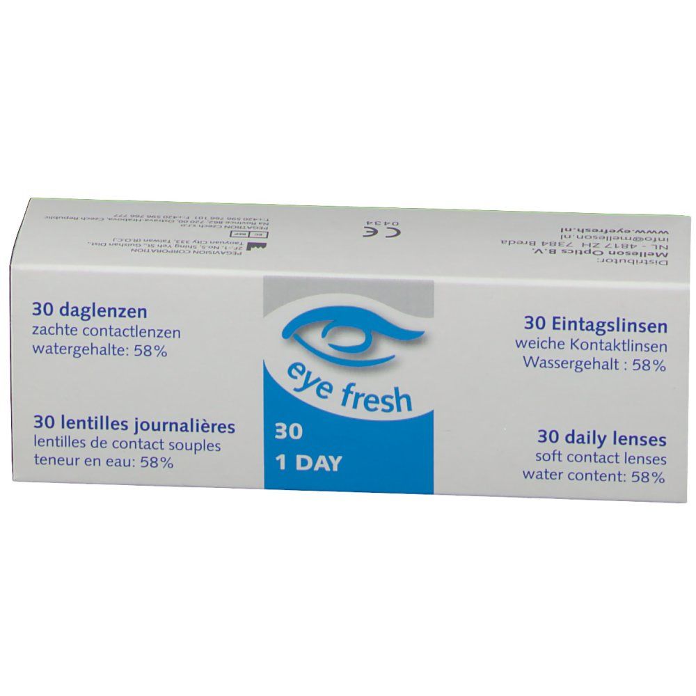 Verpakking met contactlenzen. Opschrift: Eye Fresh, 30 1 Day. Bevat 30 daglenzen, watergehalte 58%.