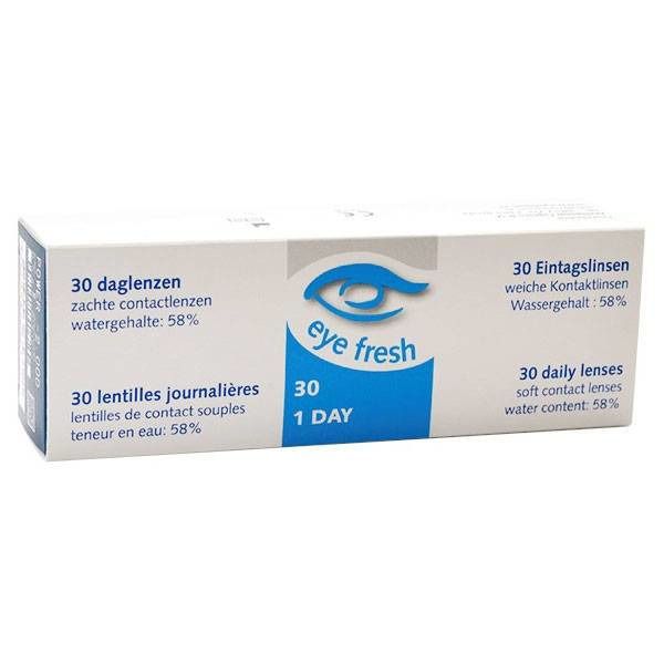 Verpakking van EyeFresh 1D contactlenzen. Bevat 30 daglenzen. Opschriften in het Duits, Frans, Nederlands en Engels.