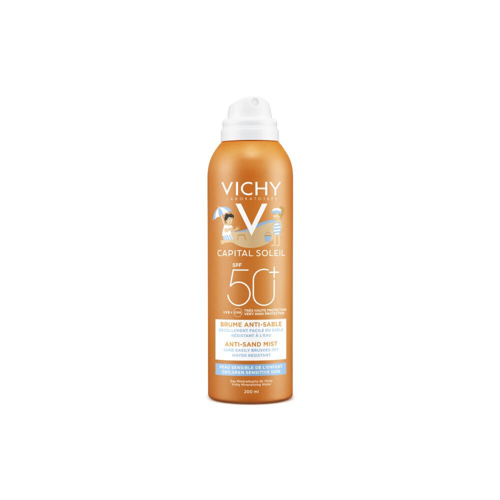 Spray solaire pour enfants, flacon orange avec tête blanche. Logo Vichy et SPF 50+.