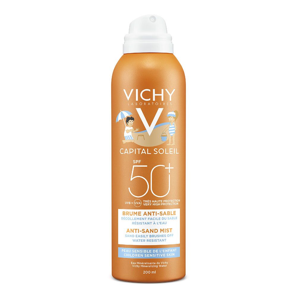 Sonnencreme-Spray für Kinder, orangefarbene Dose mit weißem Sprühkopf. Vichy-Logo und SPF 50+.