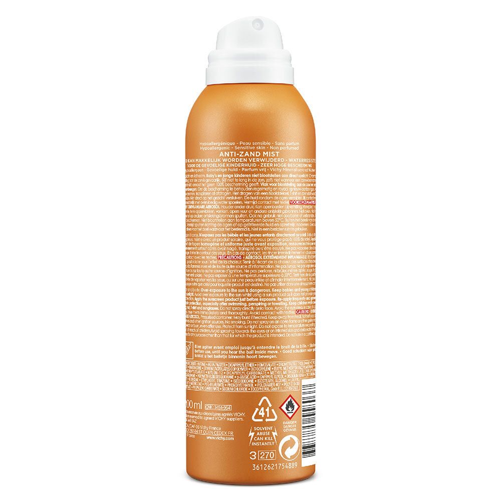 Rückseite der Sonnencreme-Spray-Dose. Text in mehreren Sprachen, Warnhinweise und Recycling-Symbole.