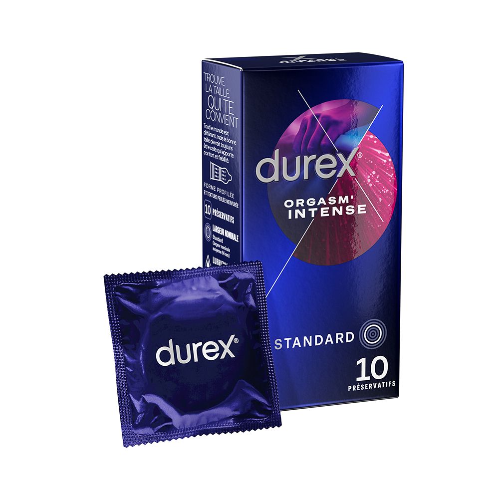Durex Orgasm' Intense condooms. Verpakking en individueel condoom. Blauw verpakkingsontwerp.